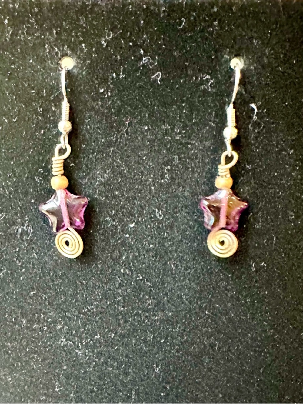 Amethyst Purple Star Drop spiral Earrings - Mixed colored metal